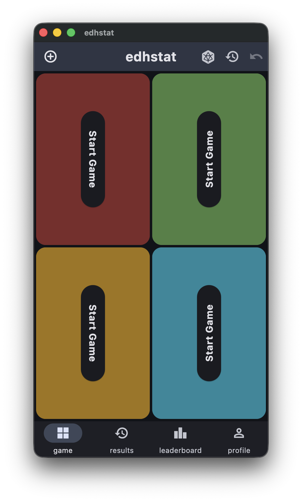 EDHStat game setup screen with four player slots
