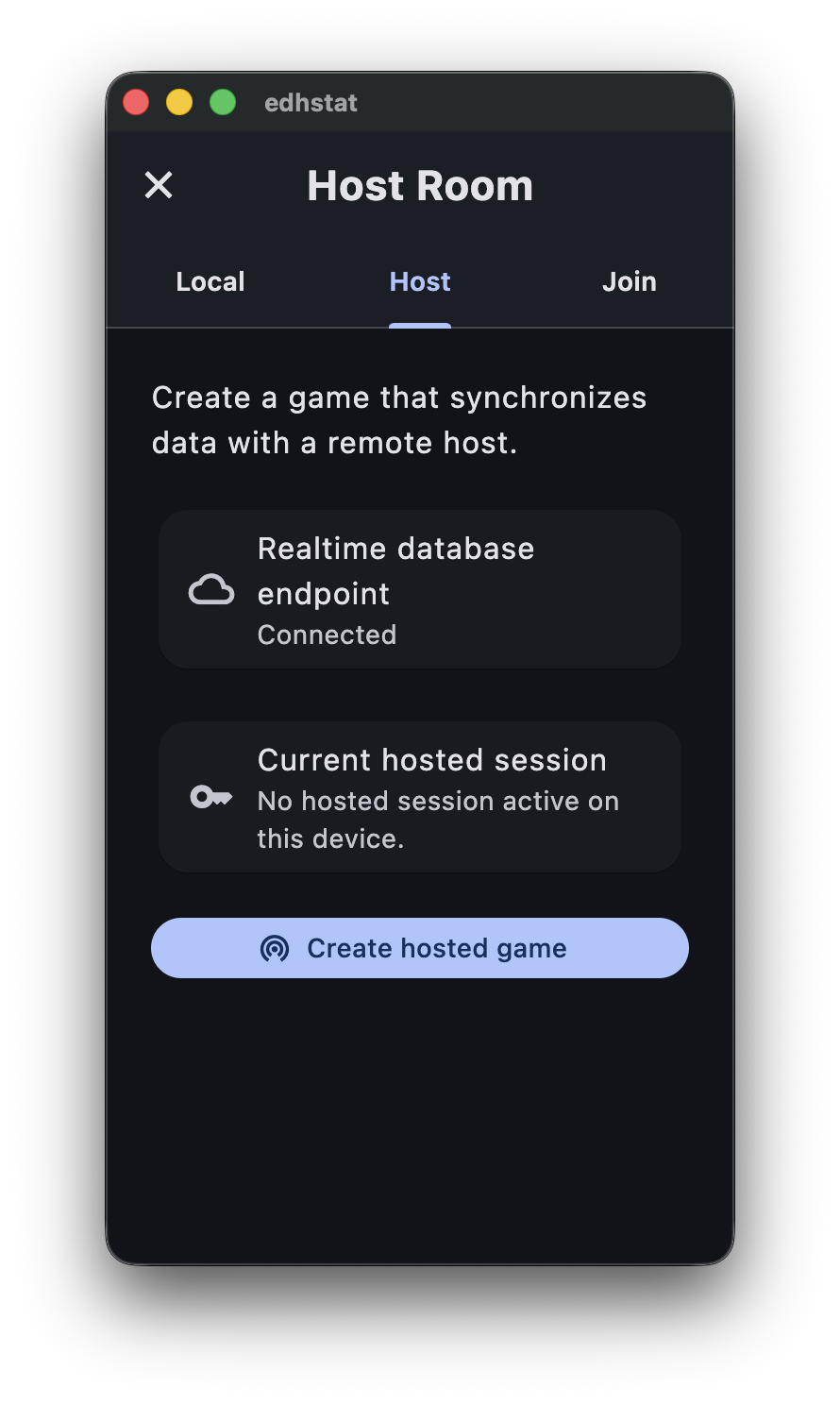 EDHStat host room screen for creating shared games