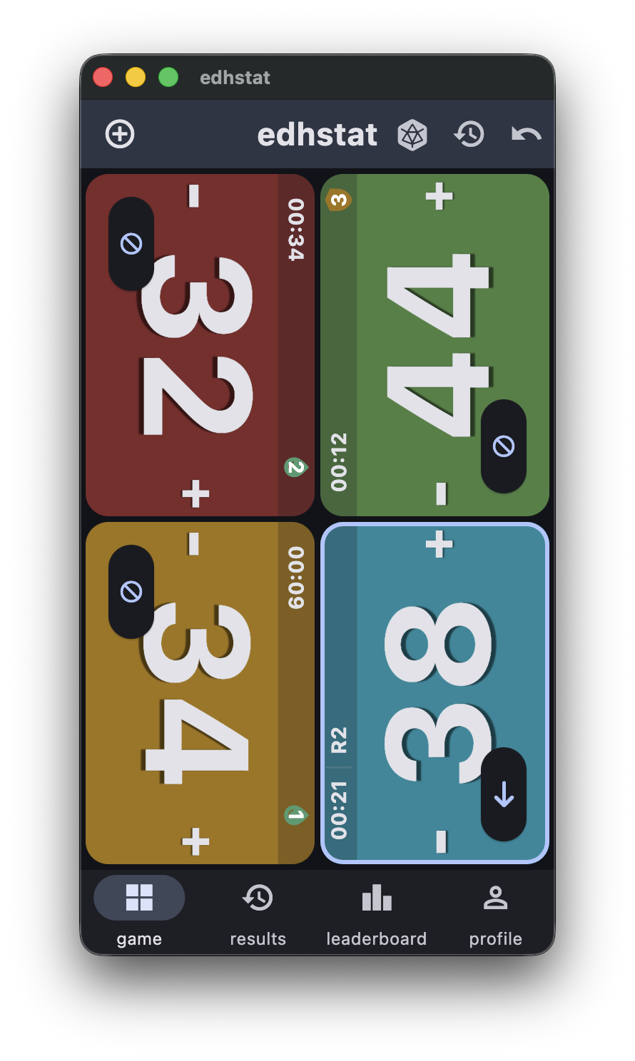 EDHStat mid-game view showing life totals